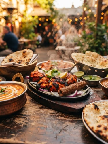 Close-up of steaming hot North Indian tandoori dishes on a rustic wooden table, warm golden hour light, shallow depth of field, 35mm restaurant photography