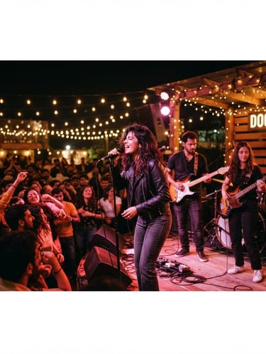 A high-energy portrait of DockYard's outdoor stage in Gurugram, warm festoon lights glowing against the night sky, a live band performing with instruments, energetic atmosphere, 35mm photography