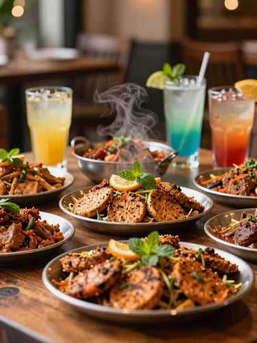 A vibrant close-up of freshly fired multi-cuisine dishes on a rustic wooden table, steaming hot tandoori platters, colorful mocktails with fresh mint and citrus garnishes, warm festive lighting, shallow depth of field