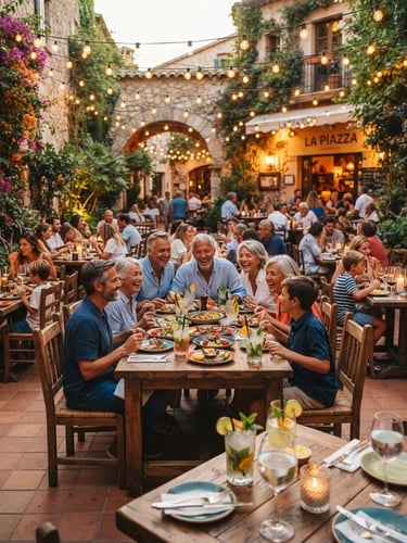 Wide shot of a bustling outdoor restaurant courtyard at golden hour, warm string lights glowing overhead, families dining at robust wooden tables, fresh mocktails with mint and citrus on the tables, no alcohol, warm editorial photography, 35mm