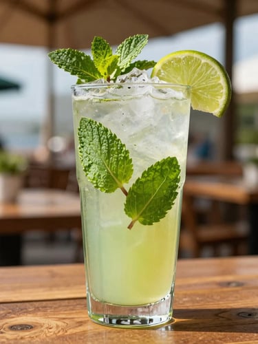 Vibrant tropical mocktail with fresh mint leaves, sliced lime, and crushed ice in a tall glass, bright outdoor daylight, shallow depth of field