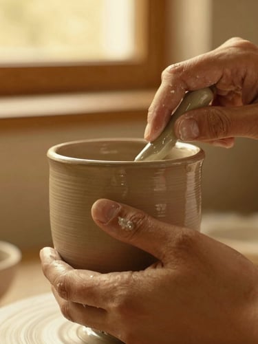 Close-up portrait shot of hands applying glaze to a chunky stoneware mug, warm golden light, shallow depth of field, rich saturated cozy tones, thumb-press glazes visible