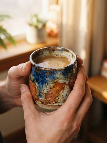 Warm, close-up photo of a chunky, colorful stoneware mug held in two hands, in morning golden-hour window light, shallow depth of field, rich saturated cozy tones, 35mm.