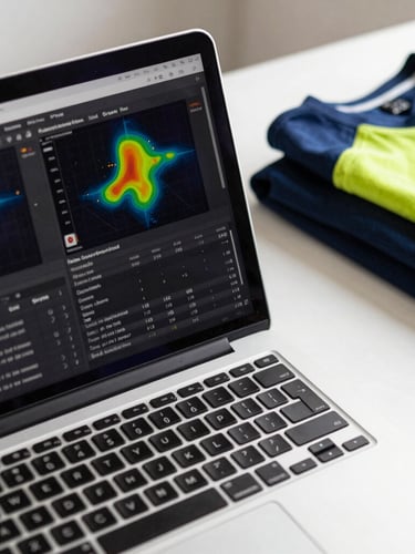 Close-up of a modern clean workspace with a laptop displaying user session recordings and heatmaps, subtle details of folded premium apparel in the background, sharp focus, natural daylight