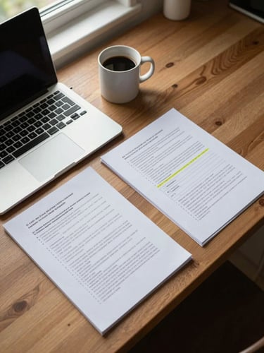 Overhead documentary shot of a kitchen table — an open laptop beside two policy documents with highlighted rows, a mug of coffee at the edge, warm natural daylight from a window, no people visible, clean and honest