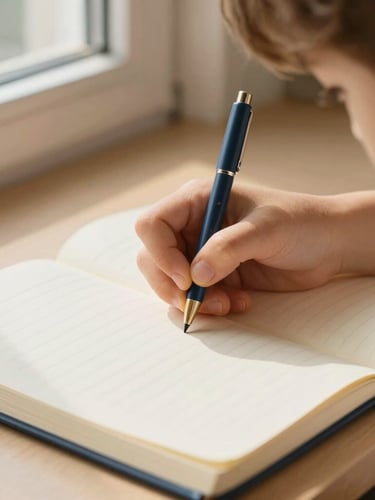 Close-up of a child's hands writing carefully in a structured notebook, high-quality thick paper, warm soft sunlight from a side window, elegant educational setting, 35mm