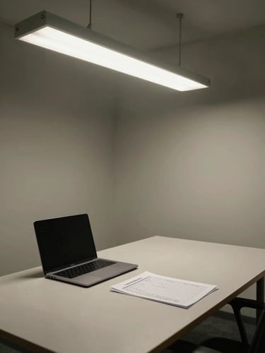Wide shot of an empty office desk from above, fluorescent overhead light casting even cold shadows, a closed laptop and a printed timesheet visible on the surface, no people, institutional and neutral