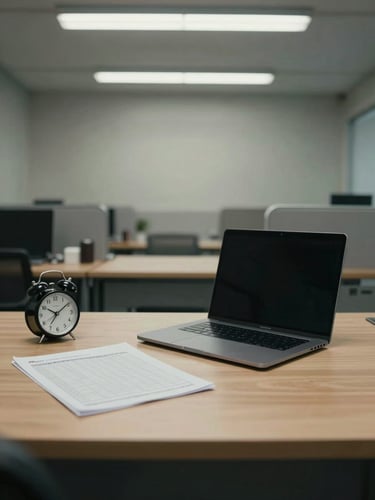 Wide overhead shot of an empty office desk, a closed laptop, a printed timesheet, and an analog clock under cool even fluorescent light — no people, institutional truth-telling atmosphere, muted tones