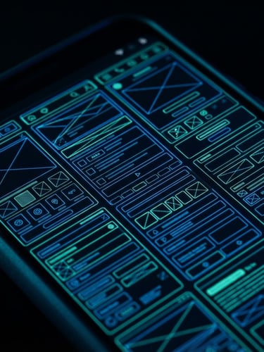 Extreme close-up macro shot of a physical Android screen displaying high-fidelity vector UI wireframes, illuminated by vibrant electric blue and mint green neon rim lights in a dark studio setting.