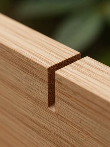 Extreme macro shot of a perfect wooden dowel joint in light oak, flawless alignment, soft side daylight, architectural precision, 35mm