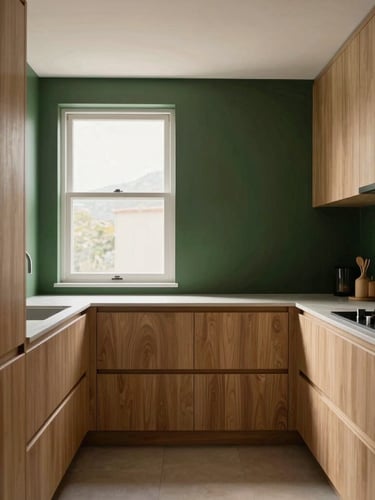 Architectural straight-on perspective of a minimalist kitchen with custom oak cabinetry, soft daylight from a side window, clean lines, 35mm
