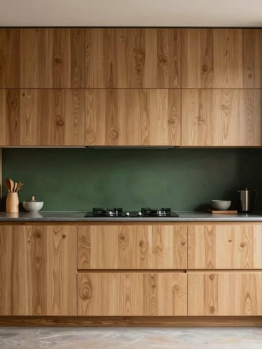 Straight-on architectural photograph of a minimalist luxury kitchen with warm oak cabinetry, clean lines, seamless joints, soft natural daylight, 35mm