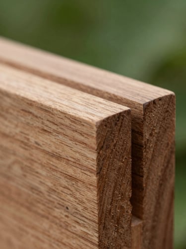 Close-up macro shot of a perfect mortise and tenon wood joint, raw certified walnut wood, soft natural daylight, shallow depth of field, rich textures.