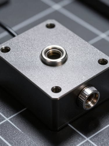 Macro overhead shot of matte charcoal metal modular power block on a gridded desk, high-contrast studio strobe lighting, sharp shadows, technical vibe