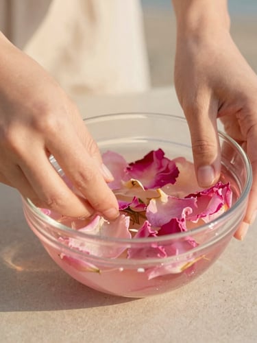 Close-up of hands gently mixing a pink rose petal infusion in a glass bowl, warm golden-hour coastal sunlight, soft shadows, 35mm