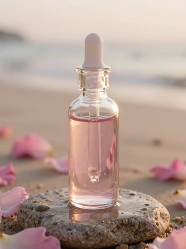 Close-up of a glass dropper bottle with natural rose water on a wet stone, golden-hour light, soft pink petals in background, 35mm