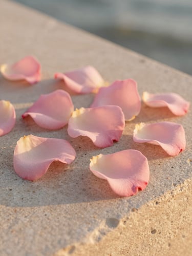Close-up of fresh rose petals on a sun-drenched stone counter, warm golden-hour light, soft pink tones, 35mm photography