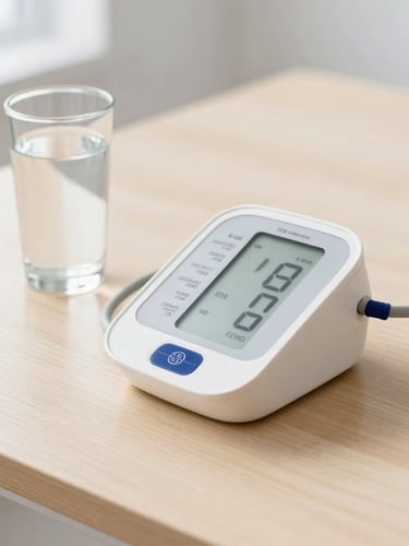 A modern blood pressure monitor sitting on a clean wooden table next to a glass of water, bright natural indirect daylight, clean clinical photography