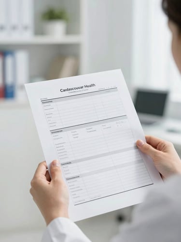 Hands holding a crisp, clean printed cardiovascular health report in a bright, modern clinic under soft indirect daylight, shallow depth of field