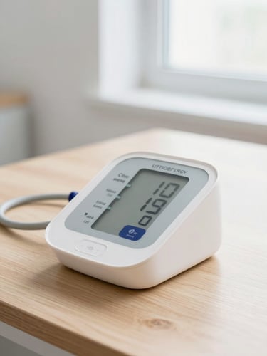 Macro shot of a modern clean blood pressure monitor resting on a light oak table, soft bright daylight from a window, shallow depth of field