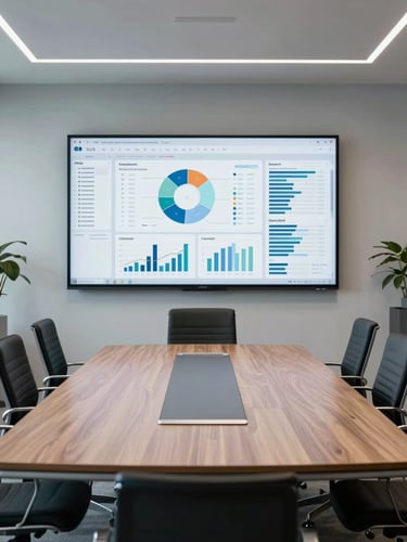 Clean corporate boardroom with analytical dashboards on a screen, sharp studio lighting, cool-toned daylight, wide perspective.
