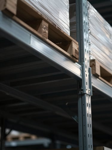 Macro details of structured warehouse shelving, high-contrast dramatic shadows, architectural lines, cool-toned daylight.