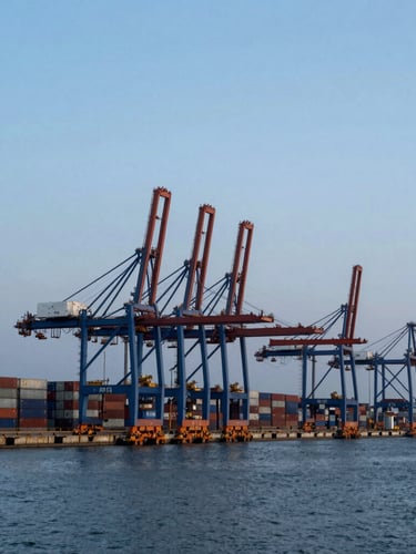 Wide panoramic view of a deep-water cargo port at dawn, towering container cranes, stacked steel containers, cool blue and gray tones, high contrast, negative space in sky.