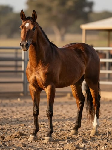A young sorrel overo paint prospect standing square in a dusty round pen, golden hour light highlighting strong hocks and clean bone.