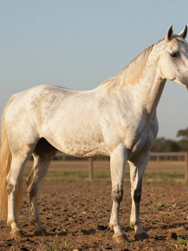 A powerful registration-type Paint mare standing naturally in an open Oklahoma pasture, golden hour light catching her muscular shoulder and clean bone structure, dusty ground below.