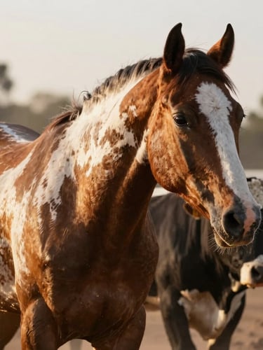 A striking close-up of a registered Paint horse working cattle in a dusty arena, muscles defined under golden hour light, ears locked forward on a steer.