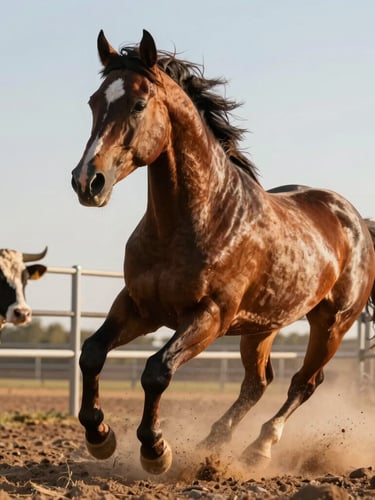 A close-up action shot of a paint horse turning a cow hard along the fence, kicked up arena dust, high-contrast Oklahoma golden hour lighting highlighting muscle definition.