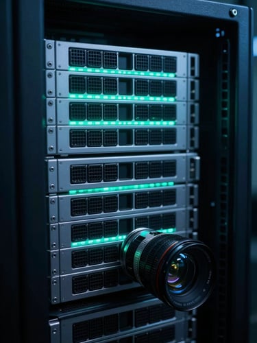 Macro photography of server racks in a dark data center, glowing with sharp electric mint and neon-blue backlighting, technical precision, 35mm cinematic lens
