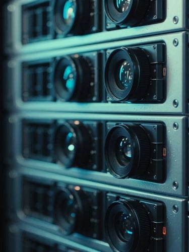 Macro photograph of server racks in a dark data center, sharp neon-blue and mint backlighting, high-contrast technical details, 35mm cinematic lens