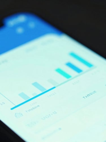 Macro photography of a sleek mobile interface showing fan dashboard analytics, moody dark-mode tech background, neon-blue backlighting