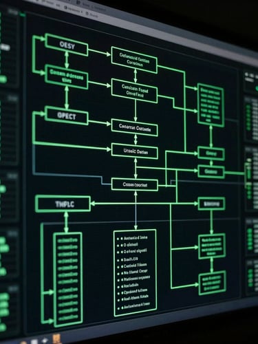 Dark technical photography of an abstract system architecture diagram on a glowing screen, low-key lighting with deep green undertones, high contrast, sharp focus