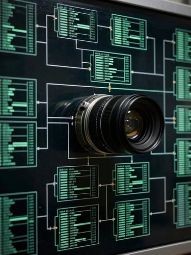 Macro close-up of high-density system architecture diagram on a dark glass board, cool green undertones, sharp focus, 35mm lens