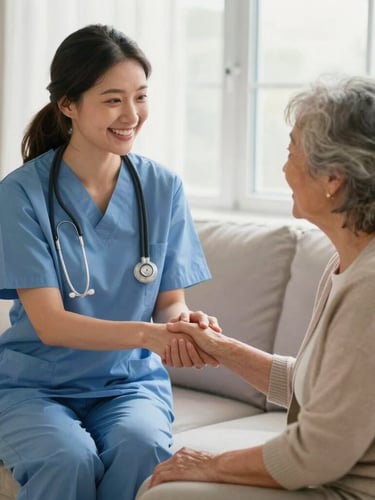 Dignified warm editorial photograph of a smiling female caregiver holding the hand of an elderly woman in a sunlit, modern living room, soft natural window light, authentic connection