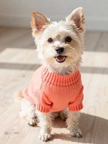 A happy small dog wearing a vibrant coral knitted sweater, sitting comfortably on a light wooden floor, bright natural daylight, warm tones, eye-level medium shot.
