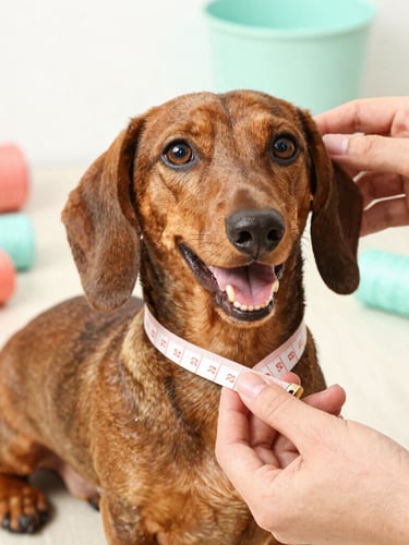Close-up of hands gently measuring a happy dachshund with a soft tape measure, bright natural daylight, warm coral and soft mint sewing accessories in the background, eye-level medium shot