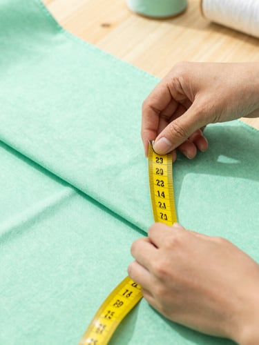 Close-up of artisan hands carefully measuring a soft mint green cotton fabric with a yellow tape measure, warm natural workshop light, shallow depth of field