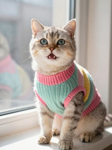 A happy domestic short-hair cat wearing a colorful miniature knit sweater, sitting comfortably on a sunny windowsill, bright natural daylight, eye-level medium shot