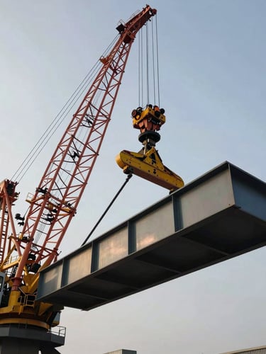 Low-angle heroic shot of a massive crawler crane lifting a structural steel girder, overcast morning light, gritty industrial atmosphere.