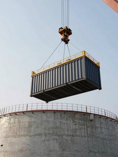 Low-angle heroic shot of a heavy-duty crane lowering a dark industrial battery storage container onto a massive, freshly-poured reinforced concrete foundation, overcast morning light.
