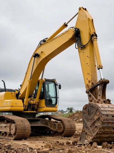 Low-angle heroic shot of a massive yellow excavator operating on an overcast morning, heavy earthworks site, high contrast