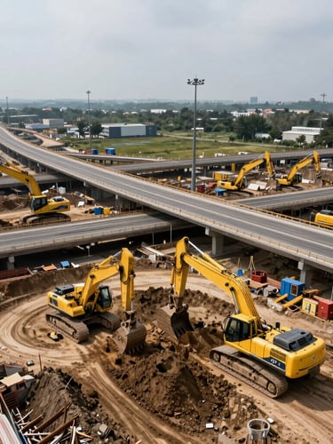 Wide-angle aerial shot of massive highway interchange construction, heavy yellow excavators working on raw earth, overcast daylight, high contrast, industrial scale