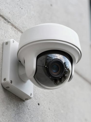 A close-up shot of a high-end dome security camera professionally mounted on a modern concrete wall, sharp focus, natural daylight, technical precision