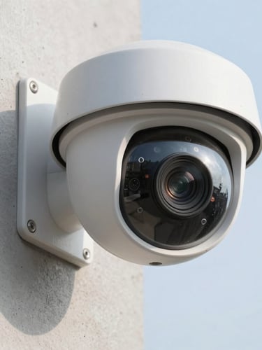 Close-up detail of a professionally installed high-definition dome security camera on a clean concrete pillar, sharp focus on the camera lens, bright daylight.