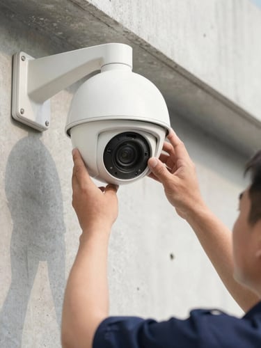Close-up of a professional security technician in a clean uniform calibrating a high-end dome CCTV camera mounted on a concrete wall, bright natural daylight, technical precision