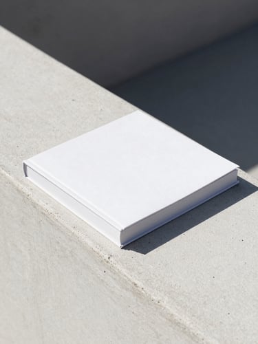 A minimalist hardback book resting on a stark off-white concrete ledge, bright high-contrast daylight, sharp architectural shadows, editorial product photography, 35mm