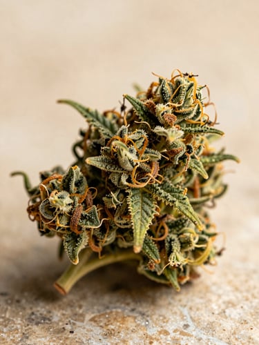 Macro close-up of pristine cannabis flower showing sparkling trichomes on a textured stone surface under warm natural light.